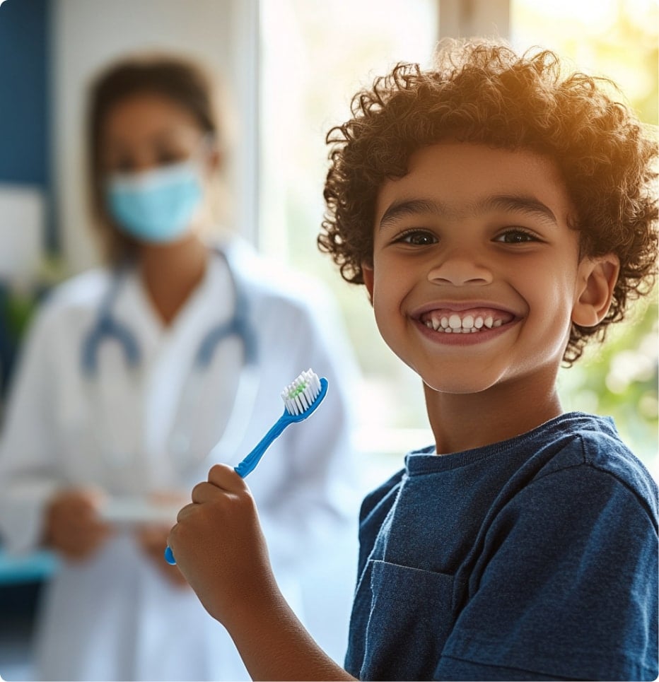 Smiling child holding a toothbrush, with a masked person in a white coat blurred in the background, in a bright room.