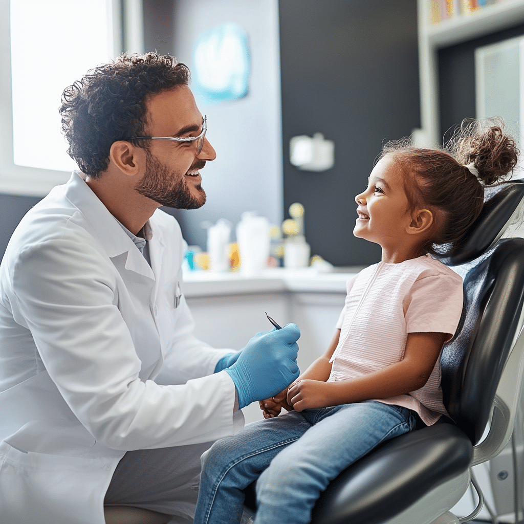 A smiling person in a dental coat interacts warmly with a child sitting on a dental chair in a modern clinic setting.